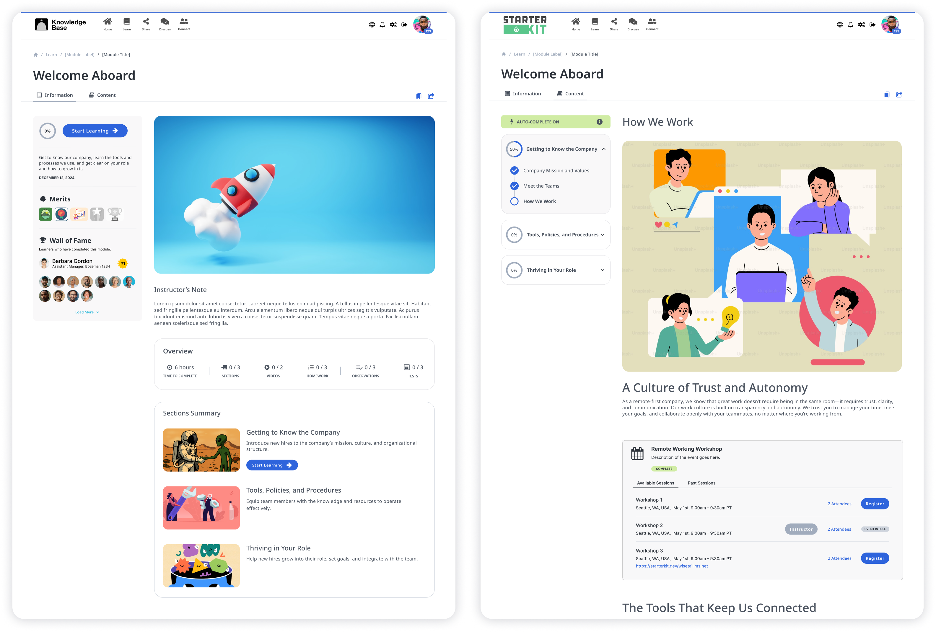 Two screenshots showcasing the Learner Experience final designs for the landing page and course content page.